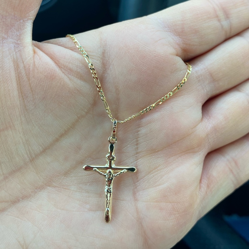 14k Yellow Gold Crucifix Cross Pendant 16" inches Figaro - Picture 2 of 14